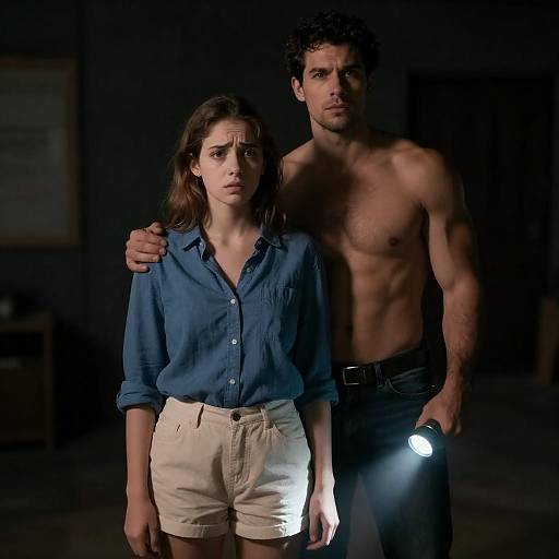 Man with Flashlight Behind Worried Woman