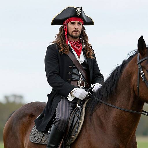 Photograph of a long-haired, bearded pirate with a red bandana, black tricorn hat, and white gloves, riding a brown horse.