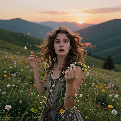 Photograph of a curly-haired woman in a floral dress, holding daisies, standing in a colorful meadow at sunset with mountains in the background