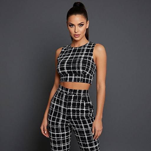 Photograph of a confident woman with dark skin, high bun, wearing black and white checkered crop top and high-waisted pants, standing against