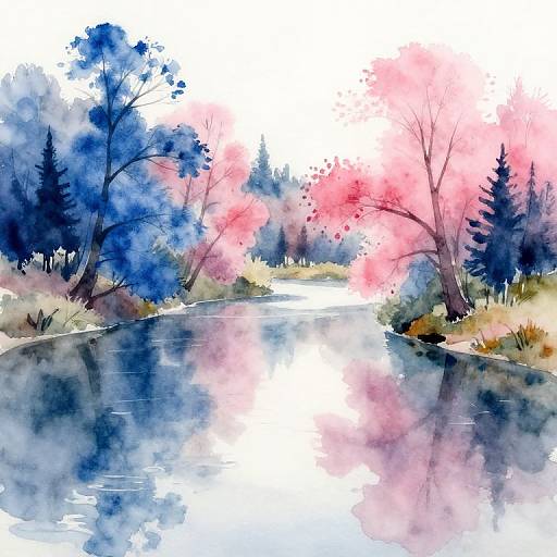 Serene Watercolor River Landscape