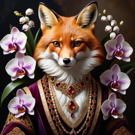 Regal Red Fox Among Orchids