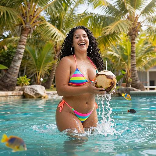 Joyful Curvy Woman in Neon Bikini