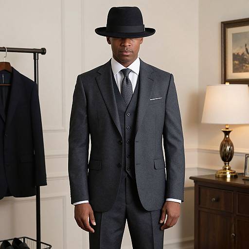 Photograph of a Black man in a dark gray three-piece suit, white shirt, black tie, and black fedora hat, standing in a well