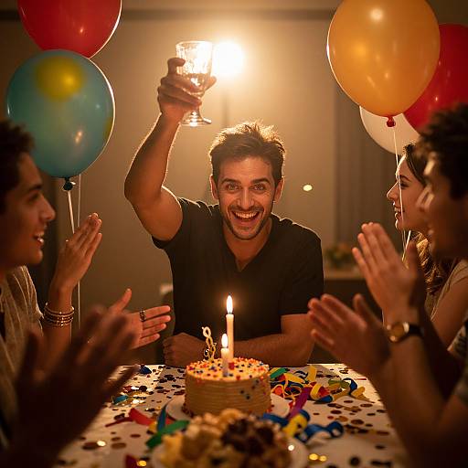 Photograph of a smiling man in a black shirt, raising a glass at a birthday party, surrounded by four clapping friends, colorful balloons, and