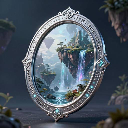 Digital art of a glowing, ornate, circular frame showcasing a fantastical floating island with a waterfall, surrounded by mystical plants and illuminated by blue lum