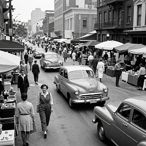 Black-and-white photograph of a bustling 1950s street market, featuring vintage cars, shoppers, and vendors under umbrellas. Busy urban scene with