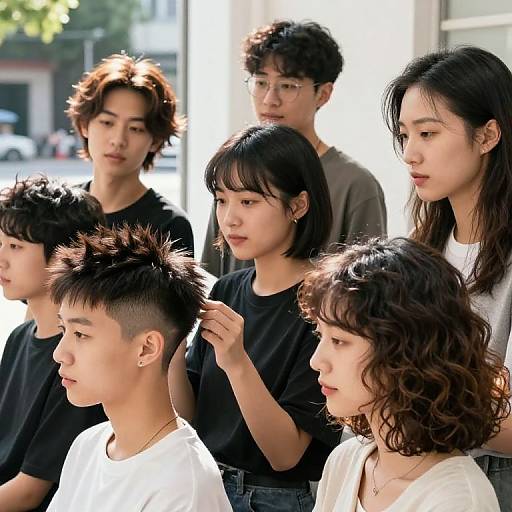 Photograph of seven Asian teenagers with varying hairstyles, wearing black or white shirts, standing in a sunlit urban setting, focused expressions.