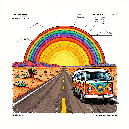 Colorful comic-style drawing of a rainbow over a desert highway with a vintage VW van driving toward it. Vibrant, bold colors.