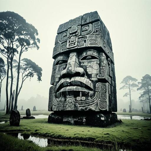 Olmec Monolith in Foggy Wetlands