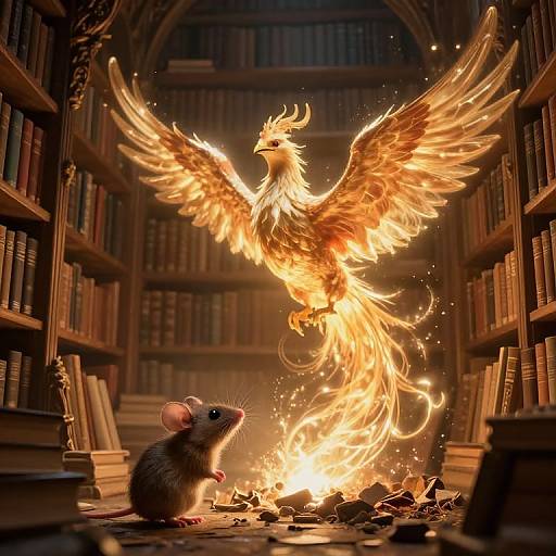 Digital art of a fiery phoenix with outstretched wings above a mouse, surrounded by broken books and shelves in a dim, library-like setting.