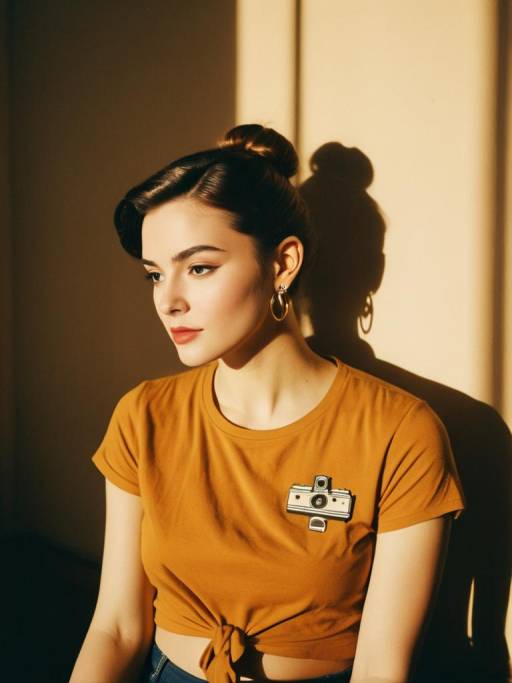 Woman in Orange T-Shirt with Camera Graphic