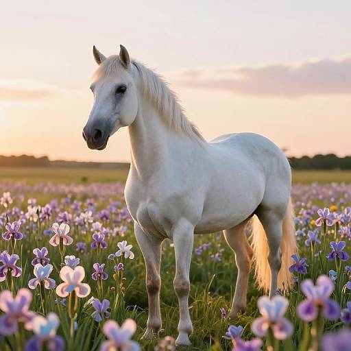 Photograph of a white horse standing in a field of purple and white flowers at sunset, with a golden sky in the background.