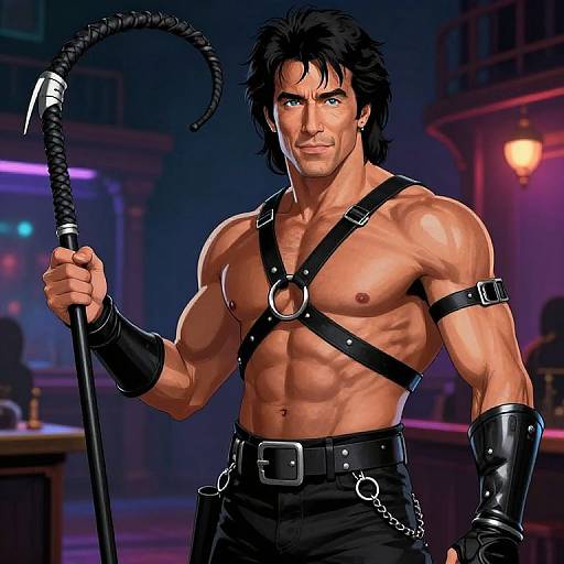 Digital artwork of a muscular, shirtless man with black hair, blue eyes, leather harness, black gloves, and whip, standing in a dimly