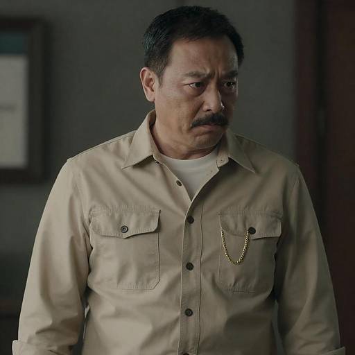 Serious man in beige shirt with gold pocket watch chain
