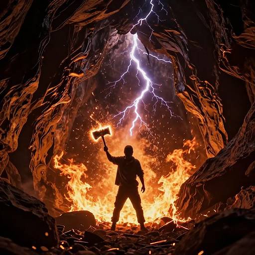 Silhouetted figure with raised hammer stands against blazing fire and lightning in a dark, rocky cavern, striking a powerful, heroic pose. Photoreal