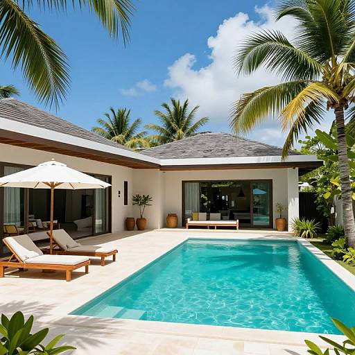 Photograph of a tropical poolside scene: clear blue pool, white umbrella, wooden lounge chairs, palm trees, white-walled house, and bright