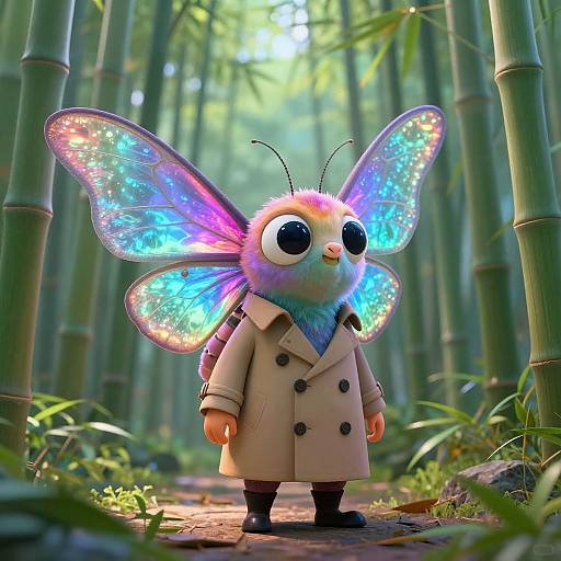 Digital artwork of a cute, fluffy, bug-like creature with colorful iridescent wings, wearing a beige trench coat, standing in a lush bamboo forest