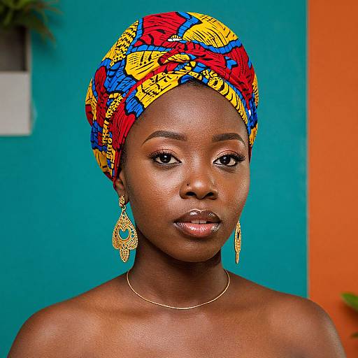 Photograph of a dark-skinned woman with a vibrant red, yellow, and blue patterned headwrap, wearing gold dangling earrings and a thin gold