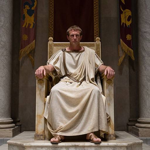 Photograph of a muscular man with short brown hair, wearing a white toga and sandals, seated on an ornate throne, flanked by columns