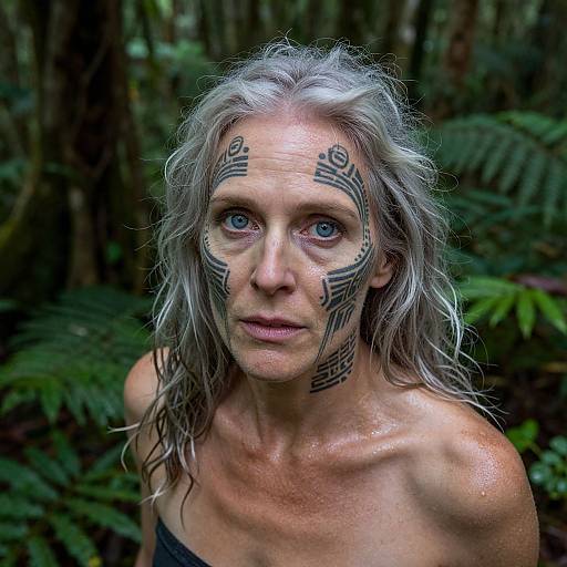 Photograph of a woman with long, wet, silver hair, blue eyes, and intricate black tribal face paint, standing in a lush forest. She