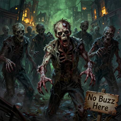 Digital artwork: Dark, eerie street scene with undead zombies in tattered clothes, glowing green mist, and a 