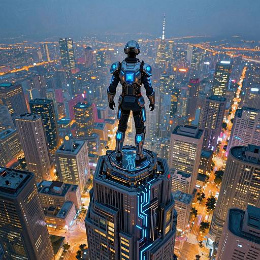 Photorealistic CGI: Cyborg with glowing blue accents stands on skyscraper rooftop, overlooking illuminated, sprawling cityscape at twilight. Vibrant neon lights