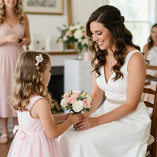 Photograph of a smiling bride in a white dress receiving a pink and white bouquet from a little girl in a pink dress. Blurred background includes a