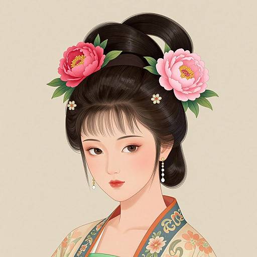 Vintage Asian Woman with Peonies