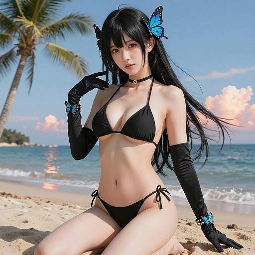 Anime Style Woman in Black Bikini on Beach