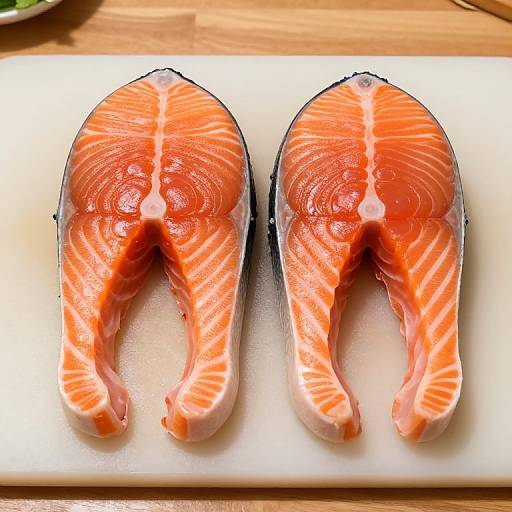 Photograph of two fresh, vibrant orange salmon fillets with white and red marbling, placed side-by-side on a white cutting board.