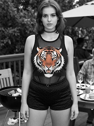 Photograph of a young woman with medium-length dark hair, wearing a black tank top with a fierce tiger graphic, black shorts, and a choker