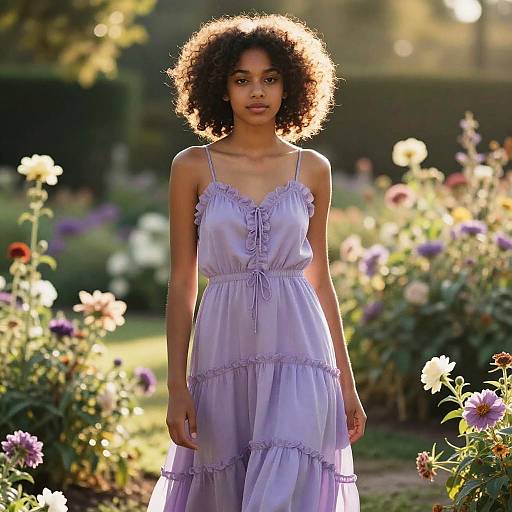 Photograph of an African-American woman with curly hair, wearing a lavender, ruffled sundress, standing in a sunlit garden with blooming flowers