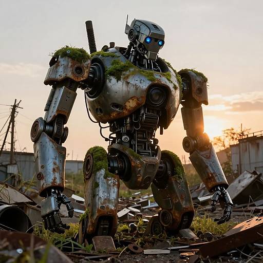 Photograph of a rusted, grass-covered robot with glowing blue eyes standing in a ruined, sunlit outdoor wreckage at sunset.