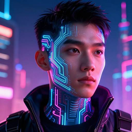 CGI image of a young Asian man with neon circuit patterns glowing on his face and neck, set against a vibrant, futuristic cityscape with colorful neon