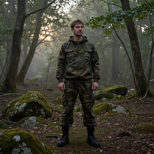 Photograph of a bearded man in camouflage outfit standing in a misty forest, surrounded by moss-covered rocks and tall trees.