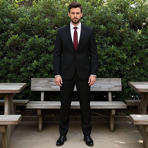 Photograph of a bearded man in a black suit, white shirt, and red tie, standing in front of a wooden bench and lush green bushes