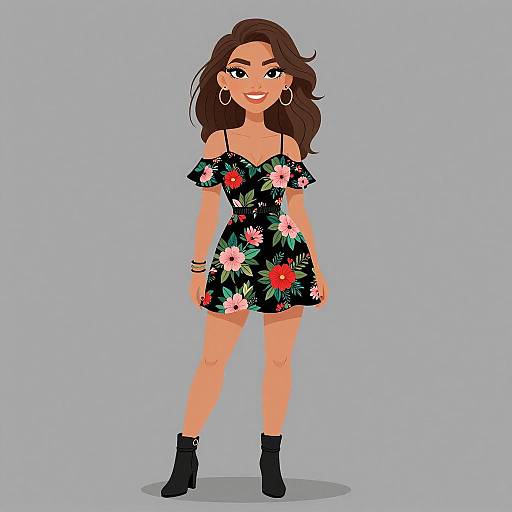 Digital illustration of a smiling woman with long brown hair, wearing a black floral off-shoulder dress, black ankle boots, and hoop earrings, standing