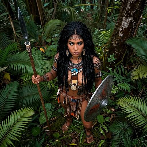 Photograph of a fierce, dark-skinned tribal warrior woman with long black hair, wearing intricate jewelry, holding spear and shield, standing in dense jungle