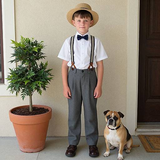 Summer Formal Boy with Dog and Plants