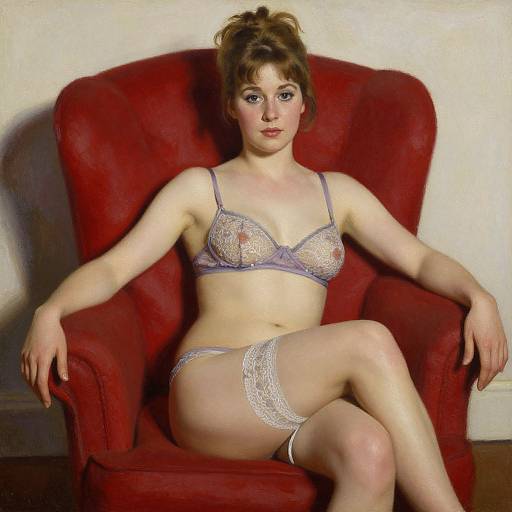 Photograph of a fair-skinned woman with brown hair in a bun, wearing lavender lace bra, panties, and white garter, seated on a