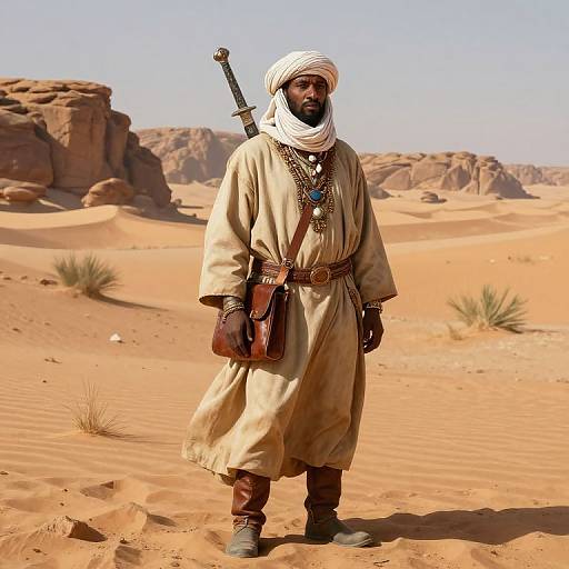 Photograph of a Black man in desert attire, white turban, beige robe, leather belt, sword on back, standing in sandy desert with rocky