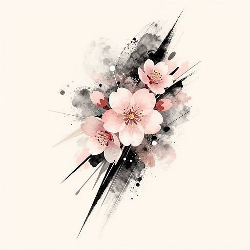 Digital watercolor-style illustration of pink cherry blossoms with black splatters and streaks on a white background, creating a dynamic contrast.