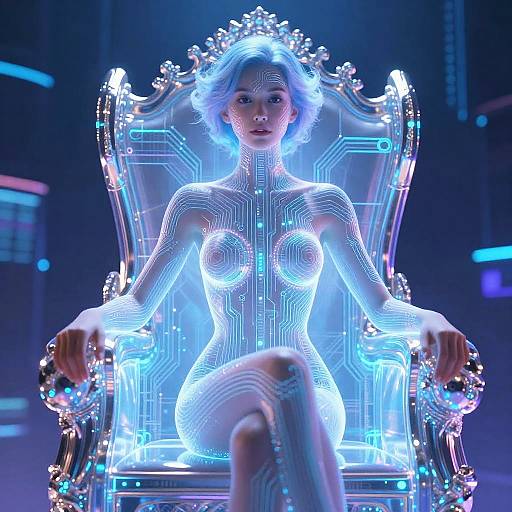 Digital CGI of a glowing, cybernetic woman with blue hair, neon circuit-patterned body, and ornate, illuminated throne, seated confidently.