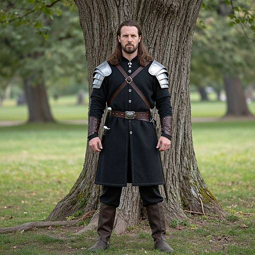 Photograph of a bearded man with long brown hair, wearing medieval black armor with silver shoulder plates, brown belt, and boots, standing in front