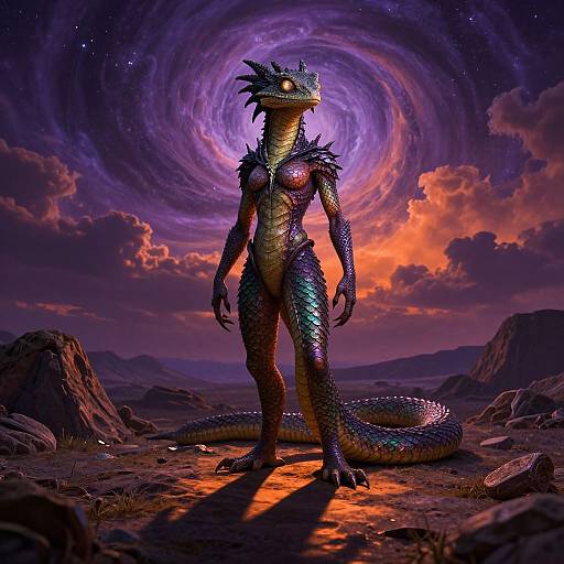Digital art of a vibrant, scaly, humanoid lizard with glowing eyes, standing in a rocky desert under a swirling purple galaxy.