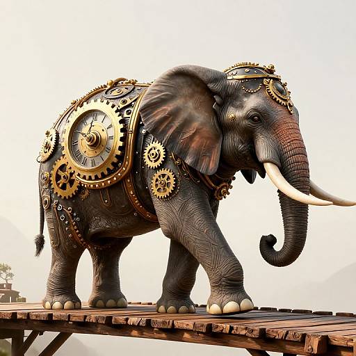 Digital artwork of a mechanical, steampunk elephant adorned with gold gears and cogs, standing on a wooden platform against a white background.