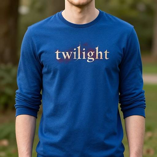 Photograph of a light-skinned man from neck to waist, wearing a blue long-sleeve shirt with the word 