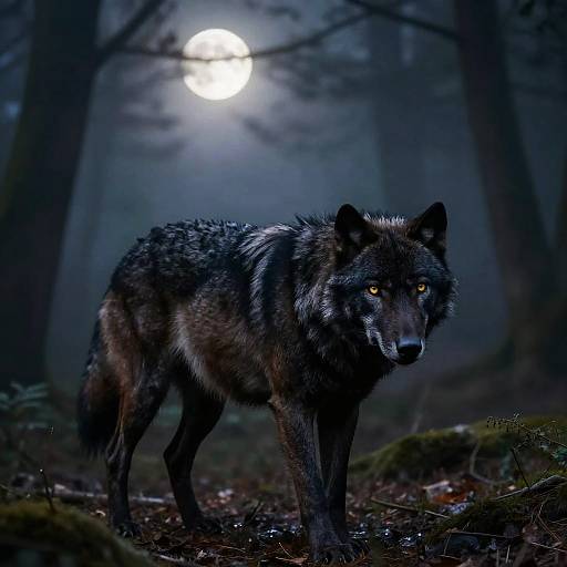Black Wolf Prowling Foggy Forest