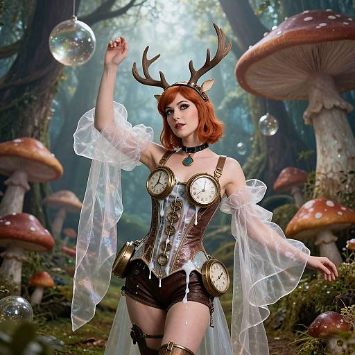 Digital art of a red-haired woman with deer antlers, clock-themed outfit, and translucent sleeves, standing in a magical forest with giant mushrooms and floating
